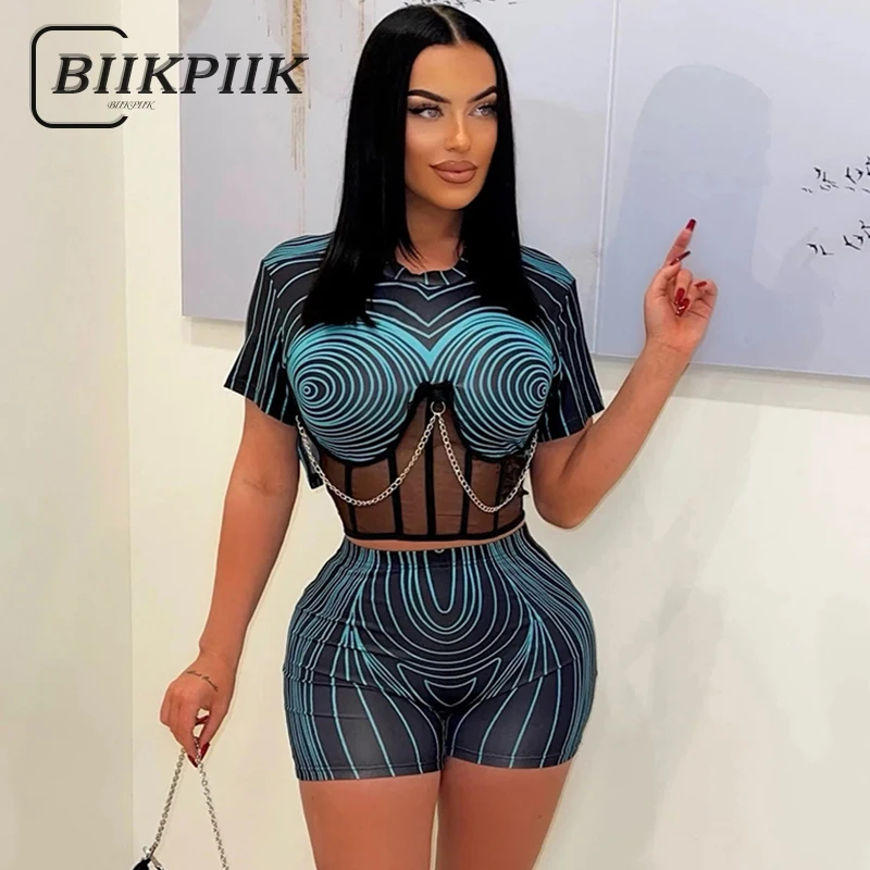 BIIKPIIK сексуальные полосатые женские шорты с принтом Клубные Модные костюмы из двух частей топ на шнуровке с коротким рукавом + мини шорты полуночная модель