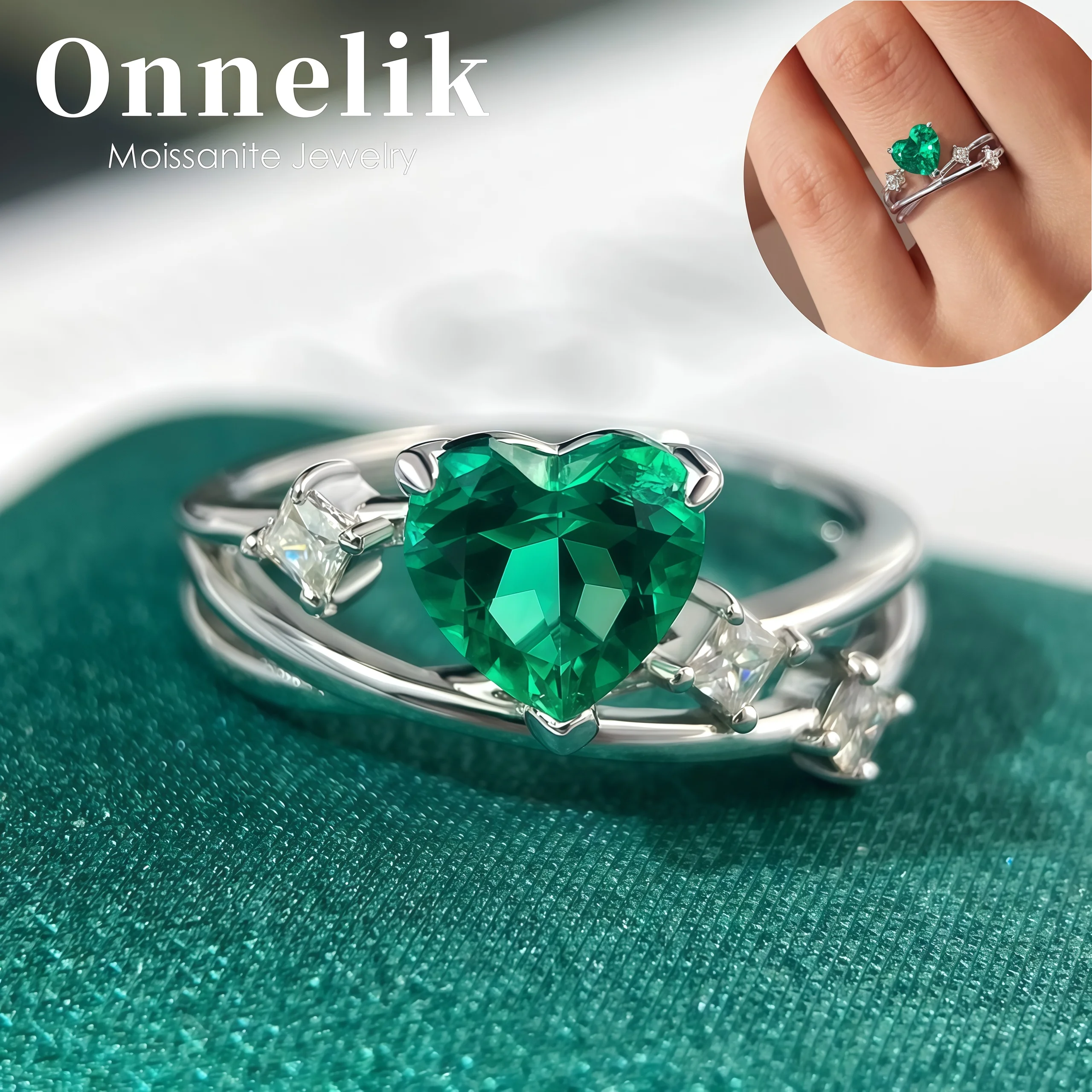 Onnelik 1,24 карата кольца с муассанитом в форме сердца, 100% стерлинговое серебро S925, выращенное в лаборатории кольцо с изумрудом Колумбии для женщин, свадебная вечеринка
