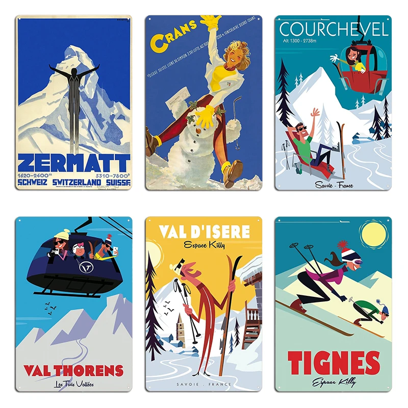 Ski Val D Isere Французские Альпы Лыжный Плакат Металлический Знак Настенный Паб Гараж Пещера Печать Клуб Французские Альпы Лыжный Оловянный Плакат