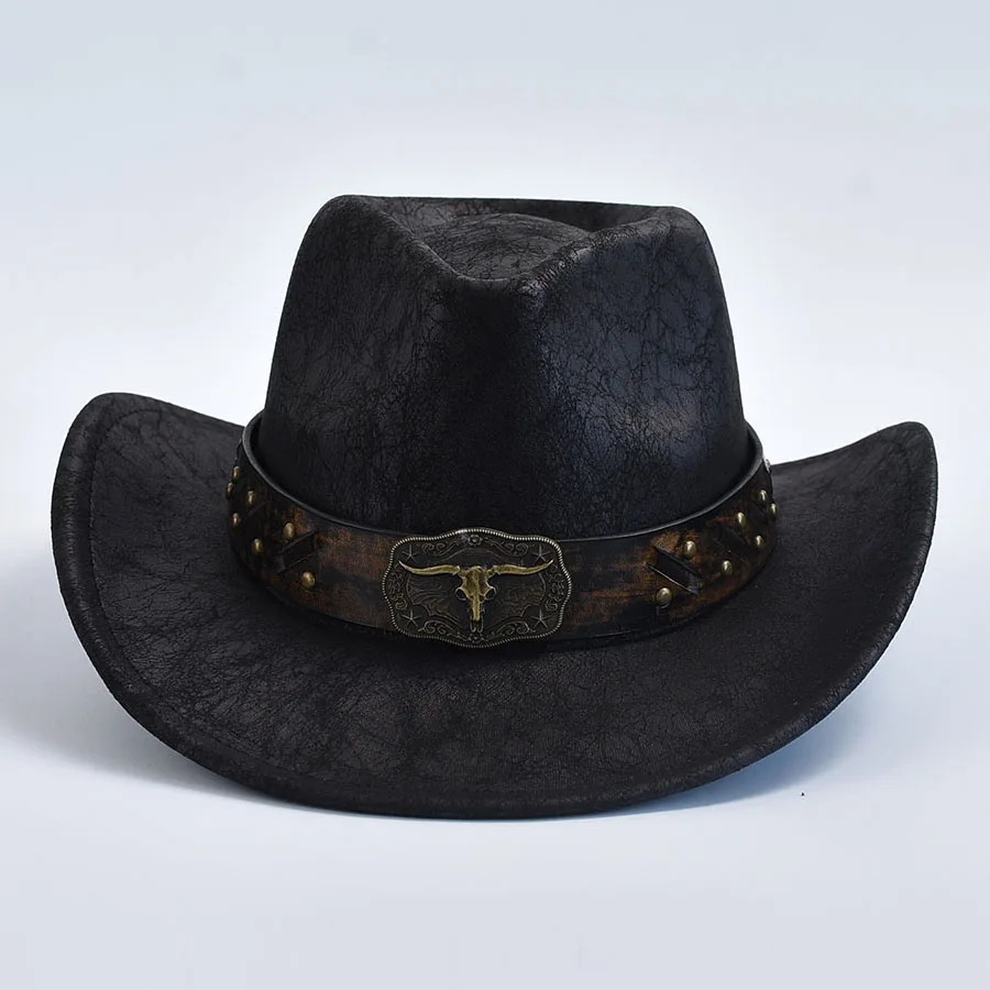 Фото Мужские и женские Искусственные кожаные винтажные джентльмены Cowgirl Jazz Западные Ковбойские шляпы Hombre №4