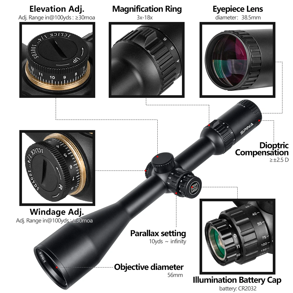 Фото Тактические прицелы SPINA OPTICS 3-18X56 SF, прицел для охотничьей винтовки с длинным глазом 100 мм и креплением для AR15 R & G с подсветкой №5