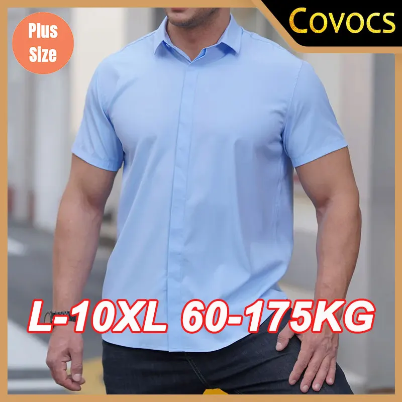 Летняя мужская рубашка с коротким рукавом Oversize 6XL 7XL 8XL 10XL Футболки больших размеров Формальная мода Однотонная черная белая повседневная рубашка Мужские топы