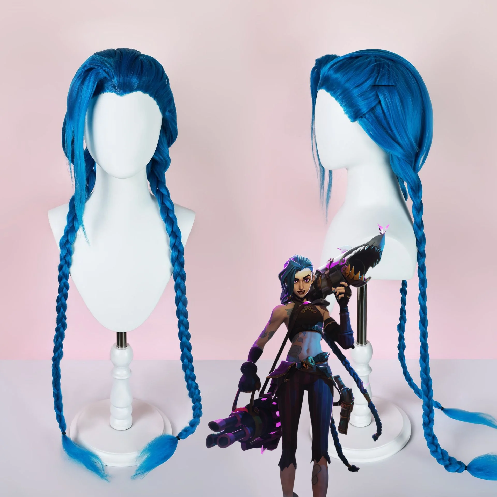 LOL Jinx Косплей Аниме Arcane Wig Длинный плетеный синий парик Loose Cannon с косой Термостойкие парики из синтетических волос + шапочка для парика