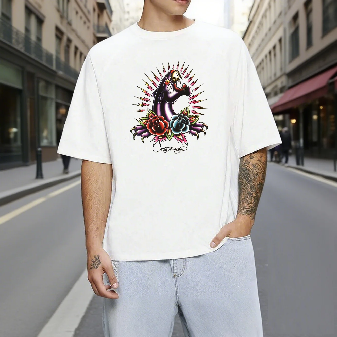 Мужская одежда, футболки с рисунком из 100% хлопка, летние топы с принтом E-Ed Hardy, Camisetas Y2k, Ropa Hombre, футболки с короткими рукавами, уличная одежда