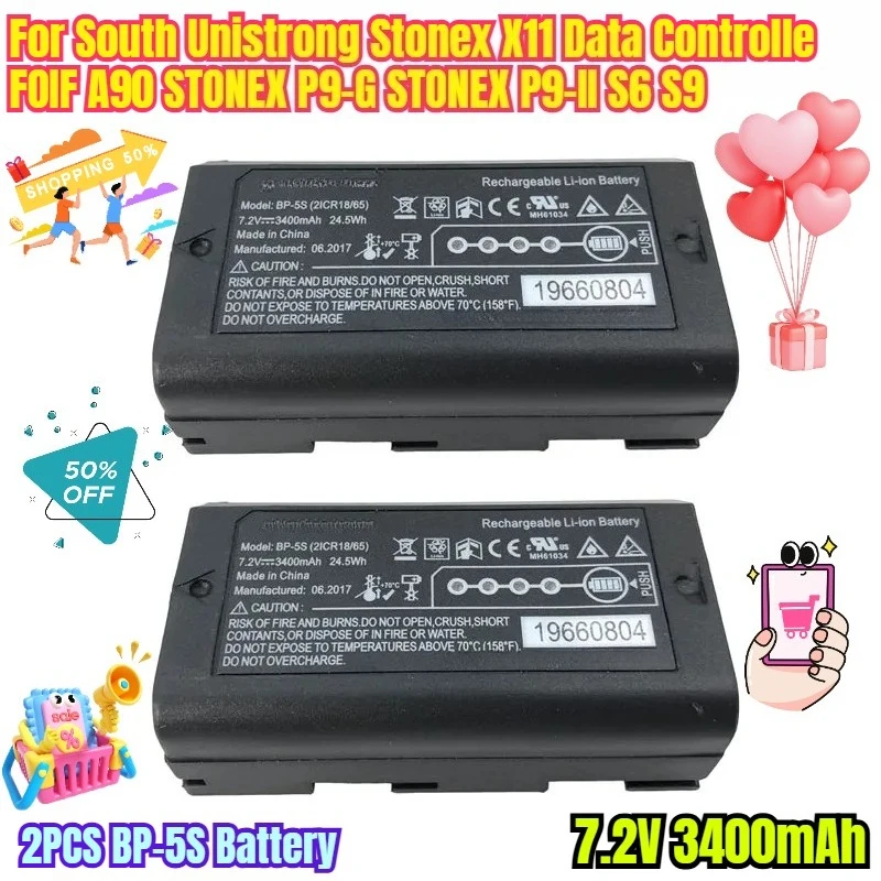 Аккумулятор BP-5S 7,2 В, 3400 мАч, 2 шт., для South Unistrong Stonex X11, контроллер данных FOIF A90 STONEX P9-G STONEX P9-II S6 S9