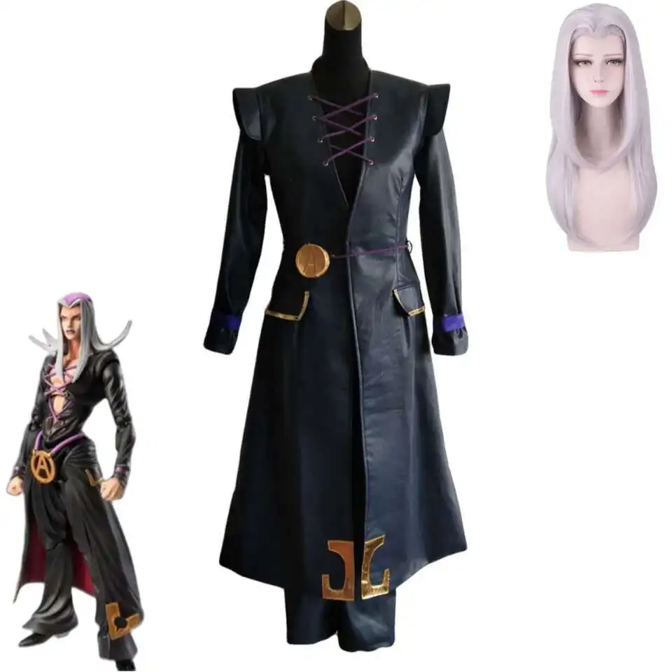 Аниме JOJO's Bizarre Adventure Golden Wind Leone Abbacchio Косплей Костюм Черное длинное пальто из искусственной кожи Униформа Парик Мужской карнавальный костюм