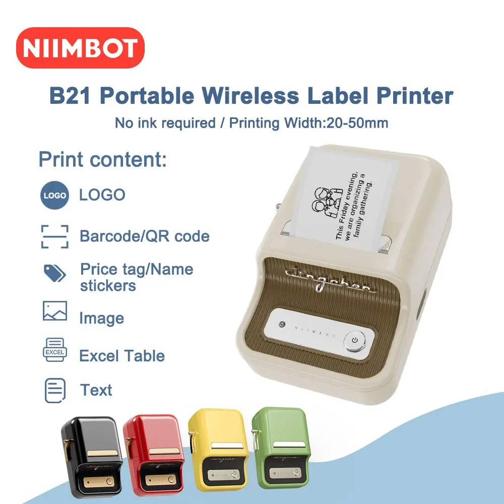 Беспроводной принтер для этикеток Niimbot B21, портативный карманный принтер для стикеров, Bluetooth Термопринтер для штрих-кодов, используется в офисе