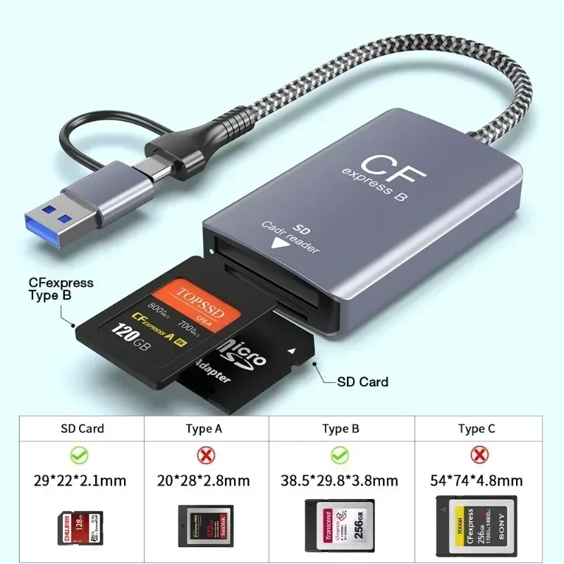 Устройство чтения карт памяти CFexpress Type B и SD USB3.2 10 Гбит/с Тип C Устройство чтения карт памяти Адаптер для чтения для Android/Windows/Mac
