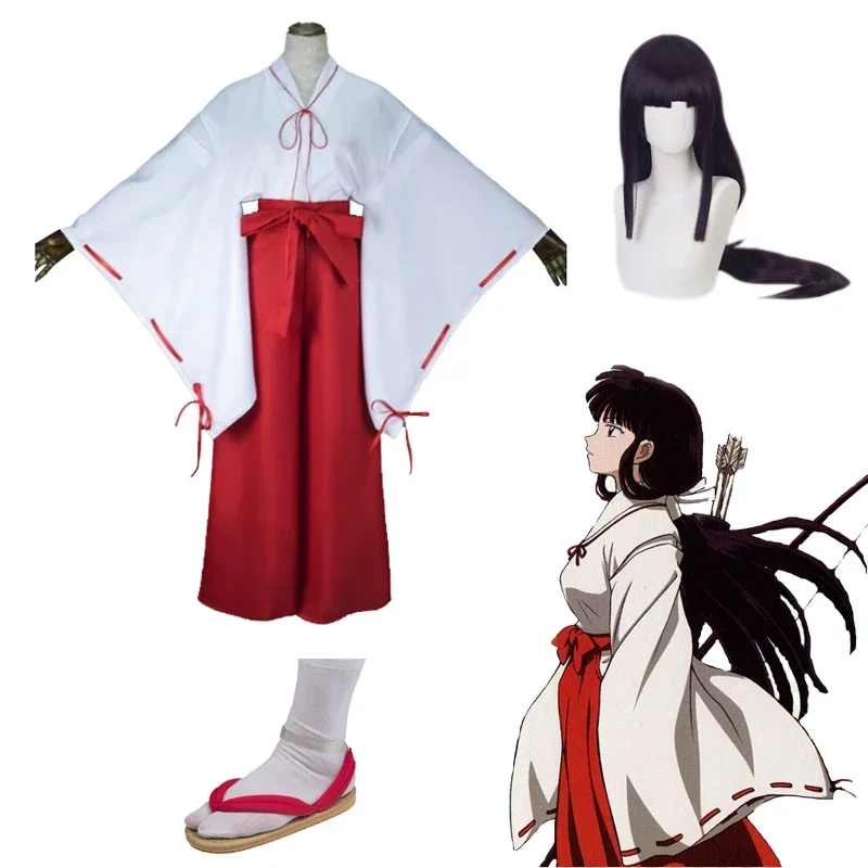 Фото Новинка 2025 года, костюм для косплея Inuyasha Kikyo, женское красное кимоно, аниме Kikyou, карнавальный костюм на Хэллоуин, парик, соломенные сандалии, полный wat157 №4