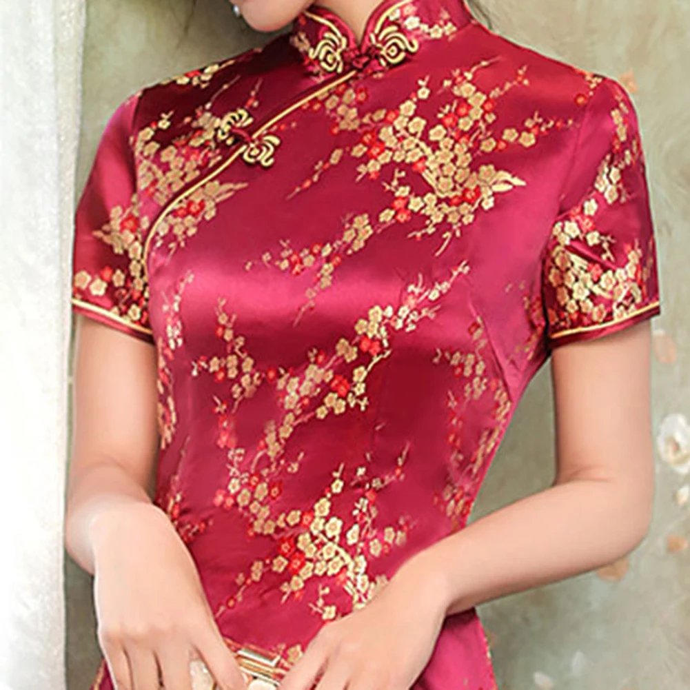 Фото Длинное тонкое платье для особых случаев, женское платье Cheongsam, красное S, элегантное платье с воротником-стойкой, размер бирки S 2XL №3
