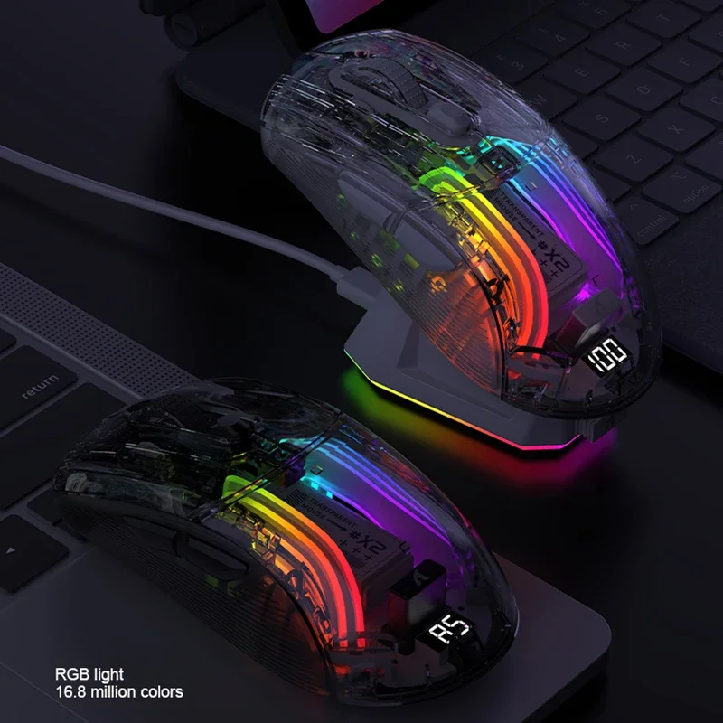 Фото Атакская Акула X2 Pro Магнитная Зарядка Bluetooth мышь, три режима, RGB свет, прозрачный, индикатор батареи, компьютер телефон №3