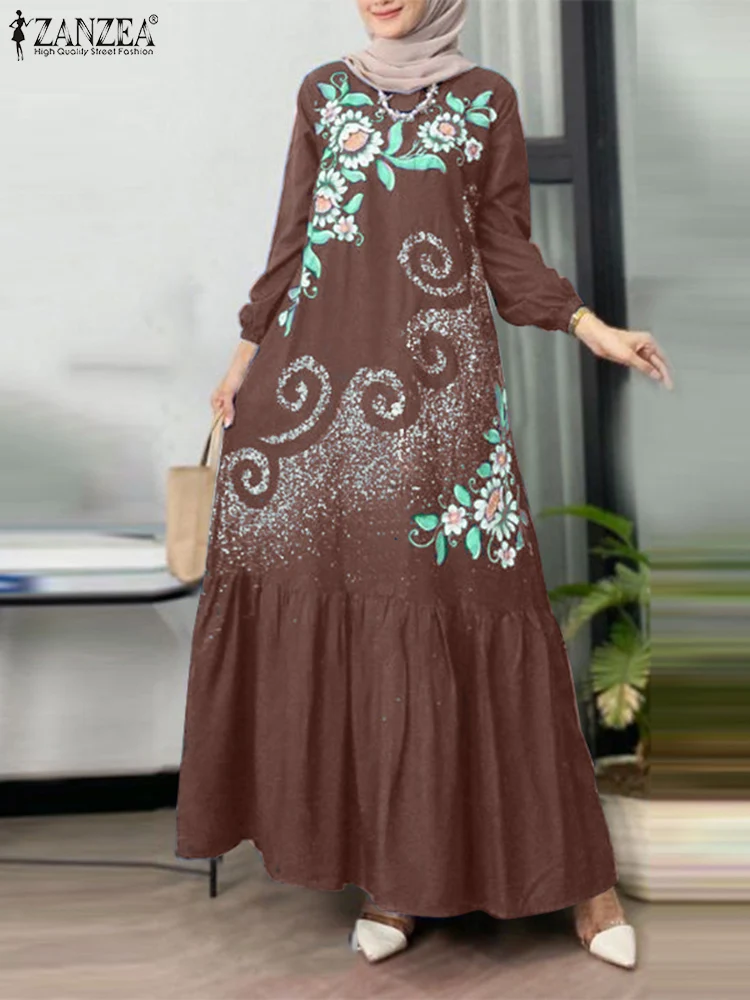 Фото Весеннее мусульманское платье макси Abaya ZANZEA, женское модное аминовое платье с длинным рукавом, Дубайский сарафан в богемном стиле с цветочным принтом, 2024 №2
