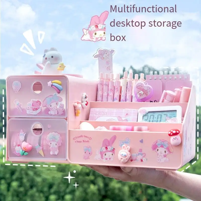 Фото Sanrio Melody, милая перегородка, ящик для хранения для девочек и студентов, новый стиль, мультяшный общежитие, настольный ящик большой емкости, держатель для ручек №3