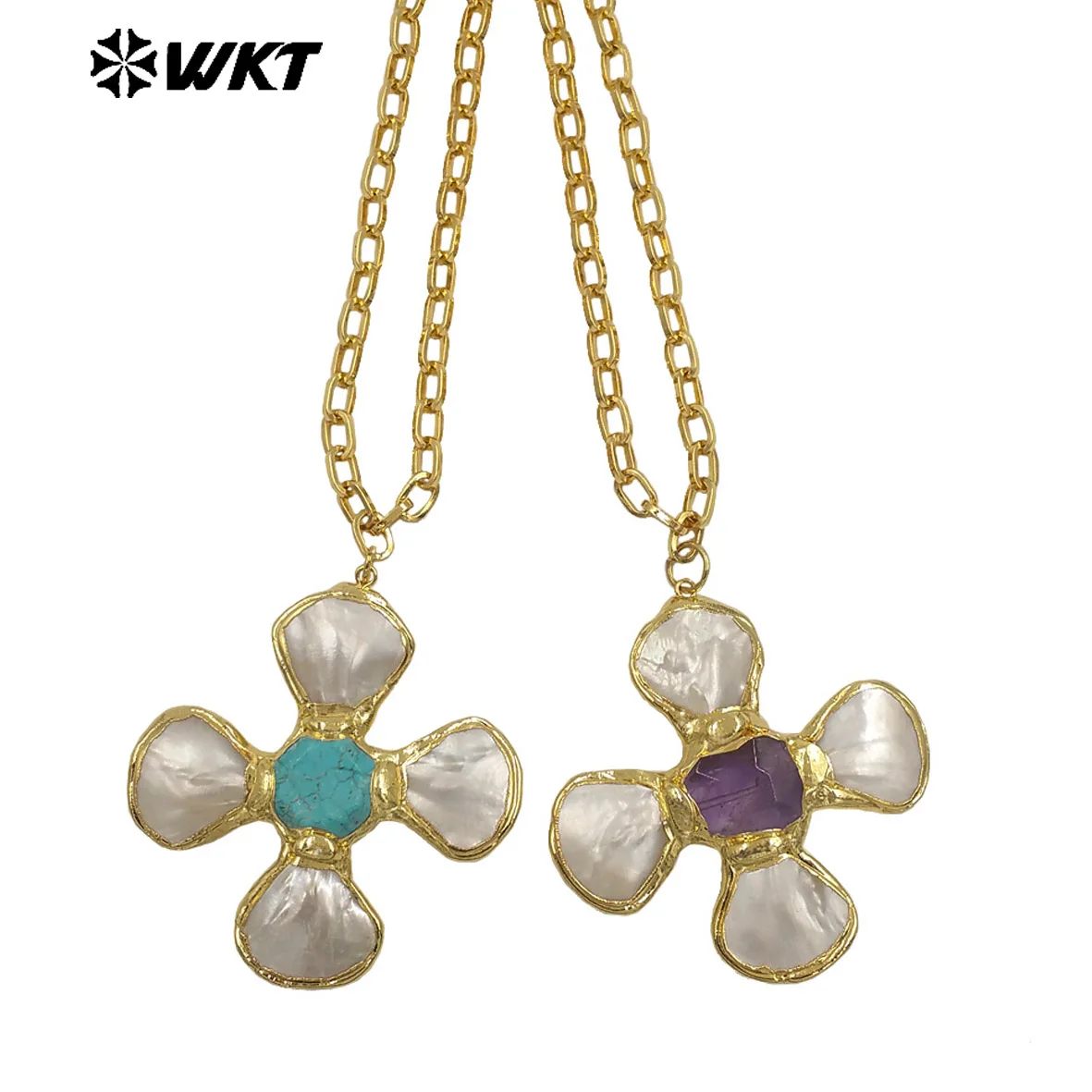 Фото WT-JN346 5 шт., 2 стиля, хит продаж, ожерелье из ракушек и натурального камня 18 дюймов с настоящим позолотой 18 карат для ювелирных изделий для девочек №2