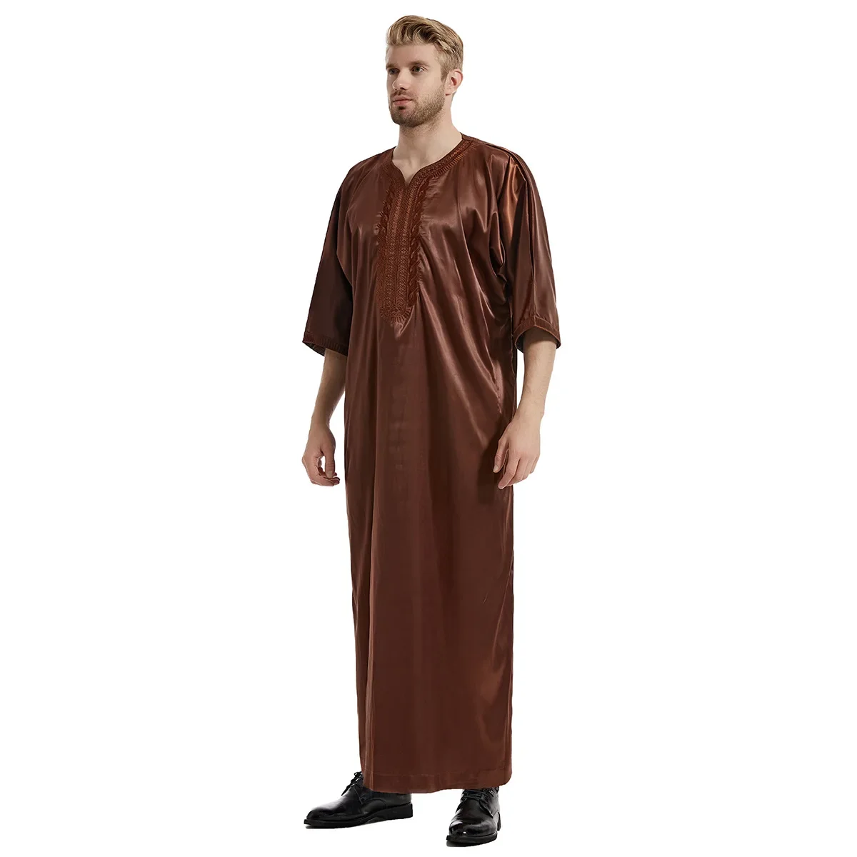 Фото ИД Рамадан мусульманское мужское платье Jubba Thobe Исламская атласная абайя с вышивкой длинное платье мусульманский тавб кафтан Абайи Юба Дубай Арабский №4