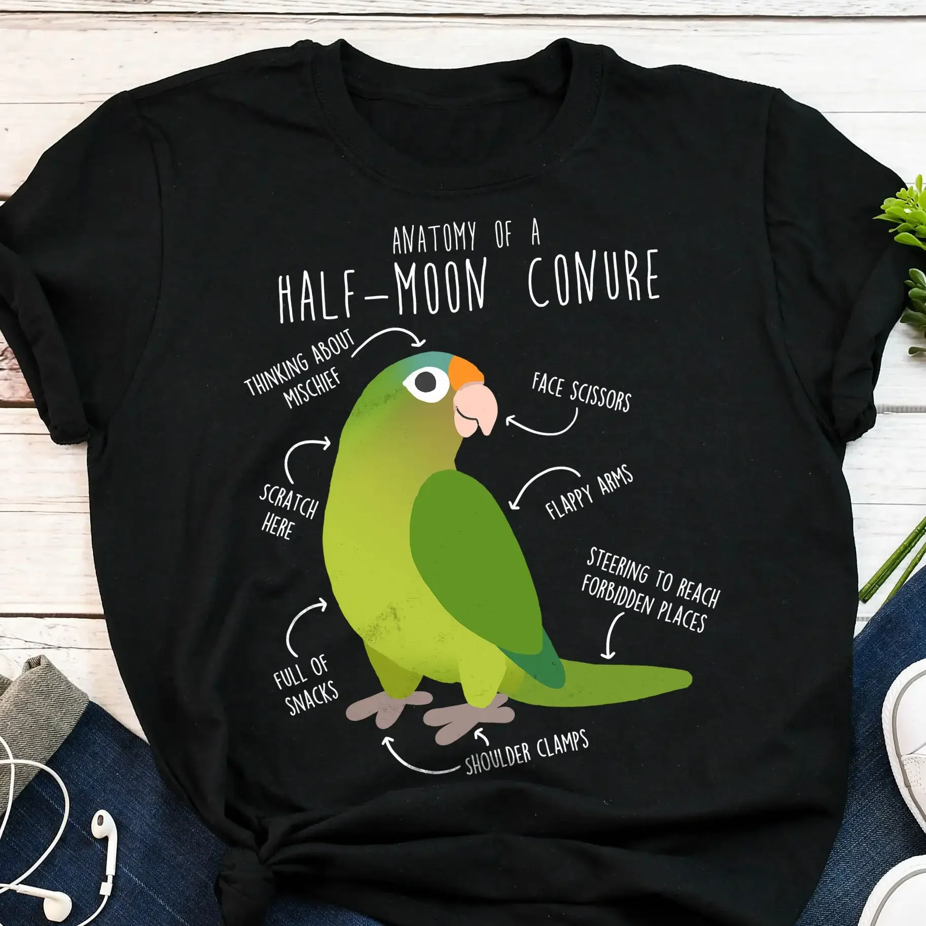 Футболка Half Moon Conure, забавная футболка с изображением попугая, милый питомец, полумесяц, оранжевый, фронтальная мама, папа