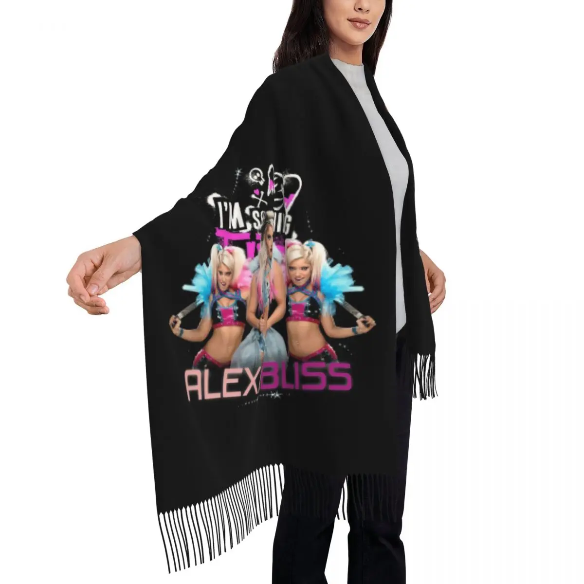 Фото Женские большие шарфы на заказ WWE Alexa Bliss, американские профессиональные борцовские шарфы, женские зимне-осенние толстые теплые шаль с кисточками, шарф №4