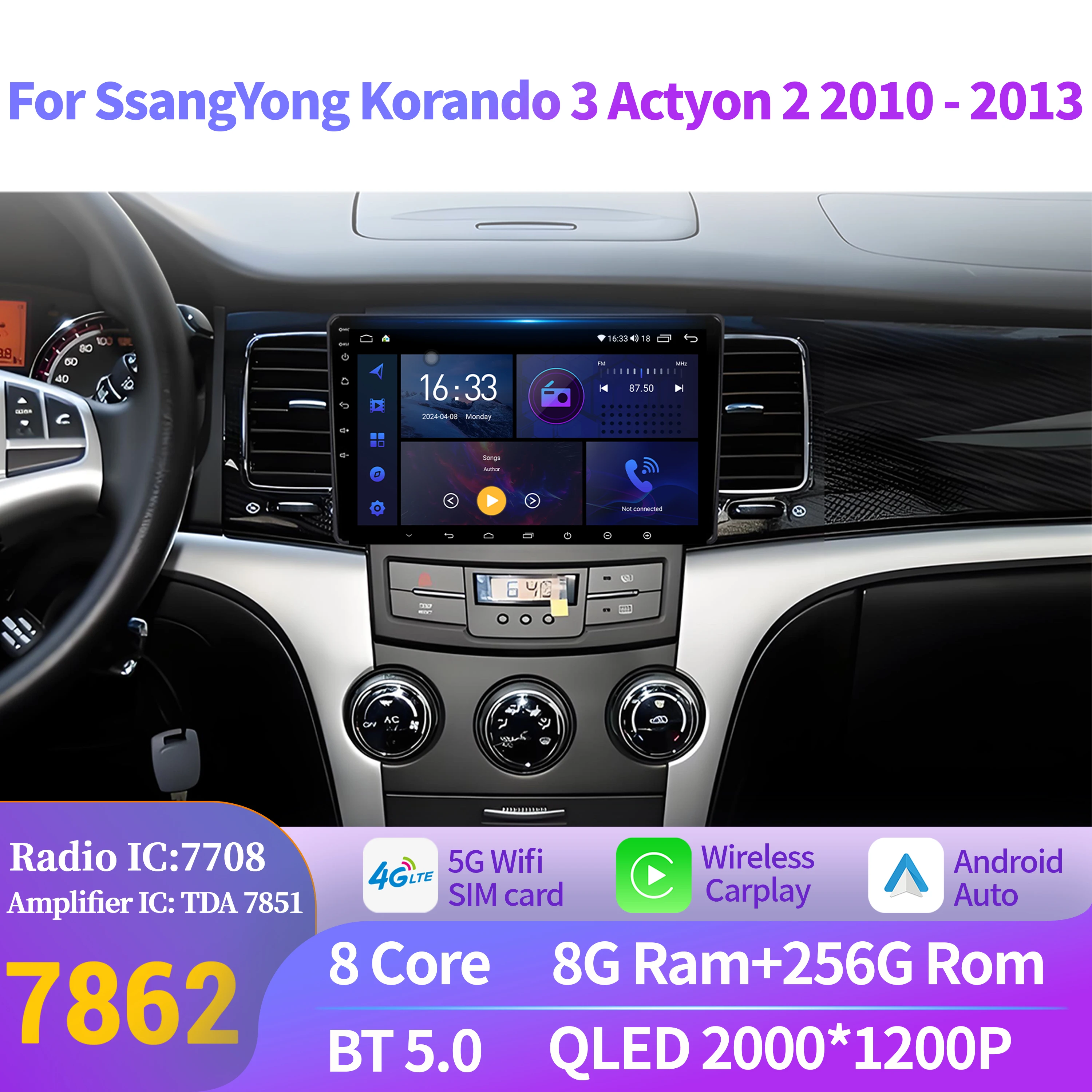 Android 14 для SsangYong Korando 3 Actyon 2 2010-2013 CarPlay Автомобильный радиоприемник Мультимедийный видеоплеер Навигация Без DVD 2K QLED Экран