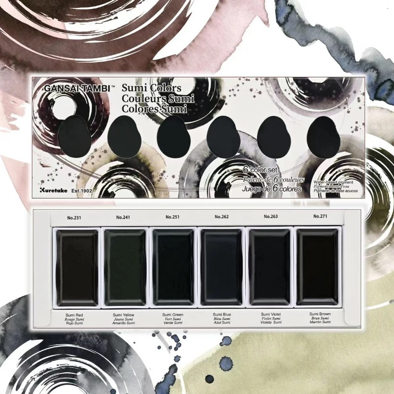 Фото Kuretake Gansai Tambi Sumi Colors New Limited Smoky Grey 6 цветов Акварельные краски Художник Рисунок Акварельные пигменты Товары для рукоделия №2