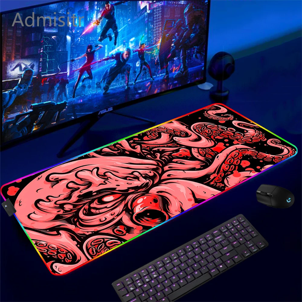 Фото Коврик для мыши Octopus Monster RGB, игровые коврики для мыши, коврик для мыши со светящимися краями, коврик для клавиатуры, Противоскользящий коврик для мыши в виде зверя, XXL, настольные коврики №4
