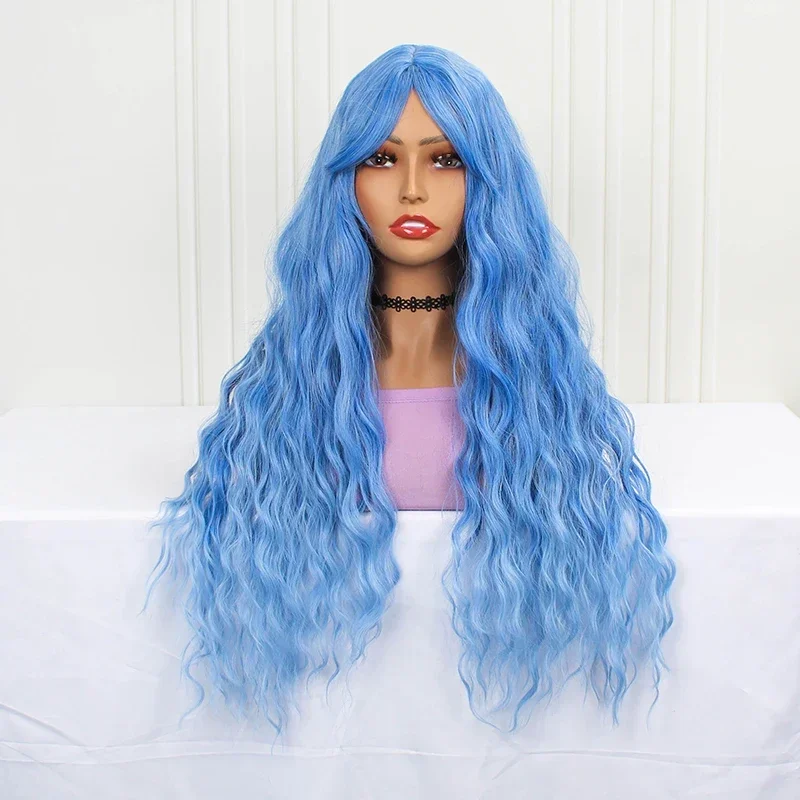 Парик Sintetis Ombre Biru dengan Bags untuk Wanita Wig Косплей Gelombang Panjang Alami Wig Tahan Panas