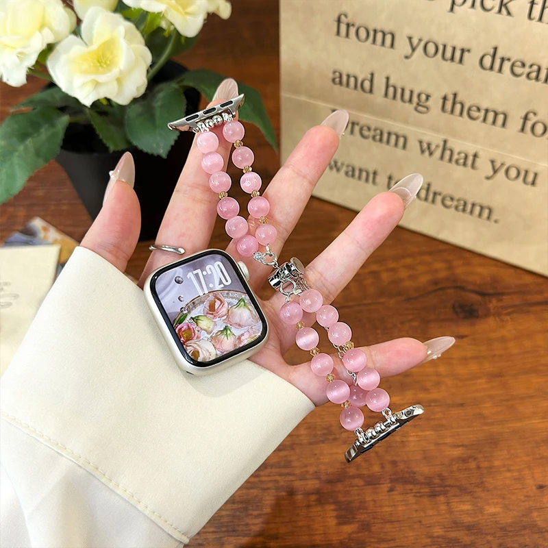 Фото Каменный ремешок Pop Cat Eye для IWatch Ultra 10 9 8 7 42 мм 40 мм 45 мм 44 мм 46 мм 49 мм Жемчужный женский ремешок для Apple Watch 38 40 41 мм 6 5 №4