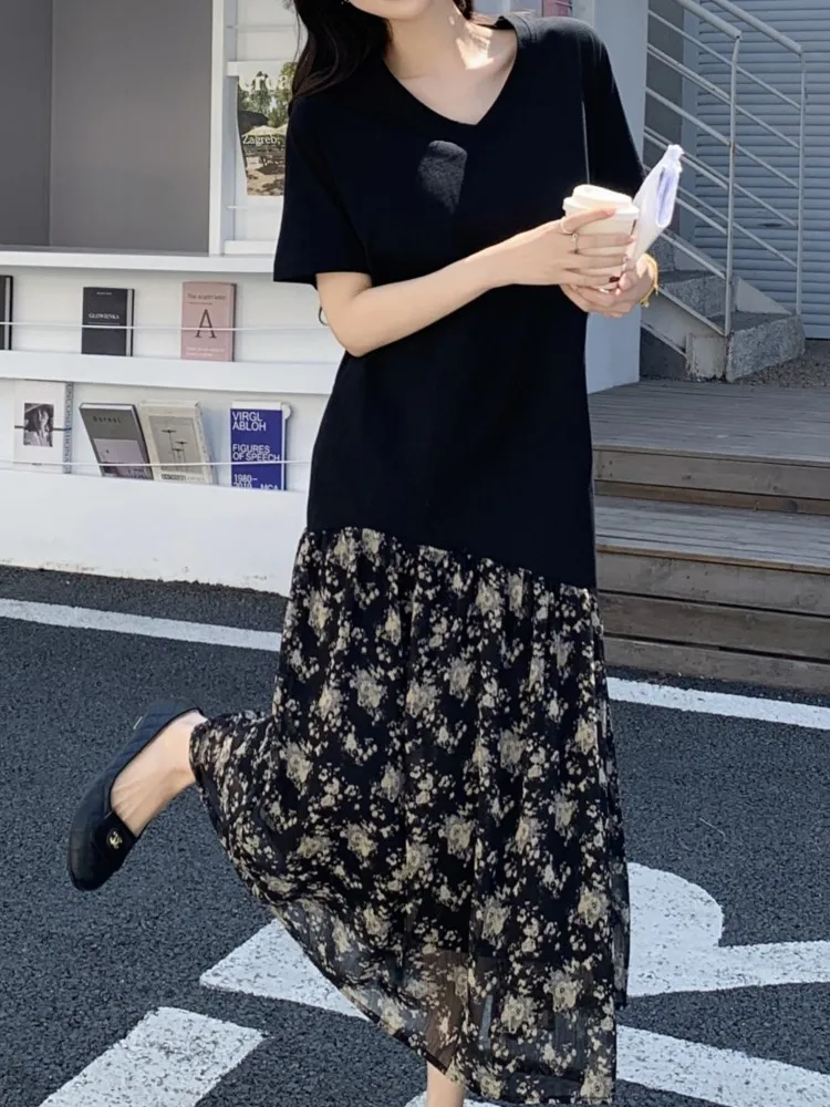 Фото Новое летнее корейское женское платье Vestidos Robe Elbise, свободное платье больших размеров в стиле пэчворк, две искусственные детали, длинное платье с короткими рукавами №4