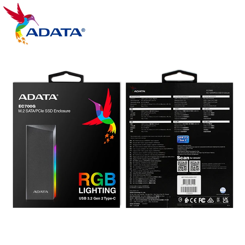 Оригинальный SSD-корпус ADATA EC700G SATAPCIe M.2 USB 3,2 Gen 2 Type C M2 SSD с RGB Подсветкой (art.: 3920c012f8ea9) - 3920c012f8ea9