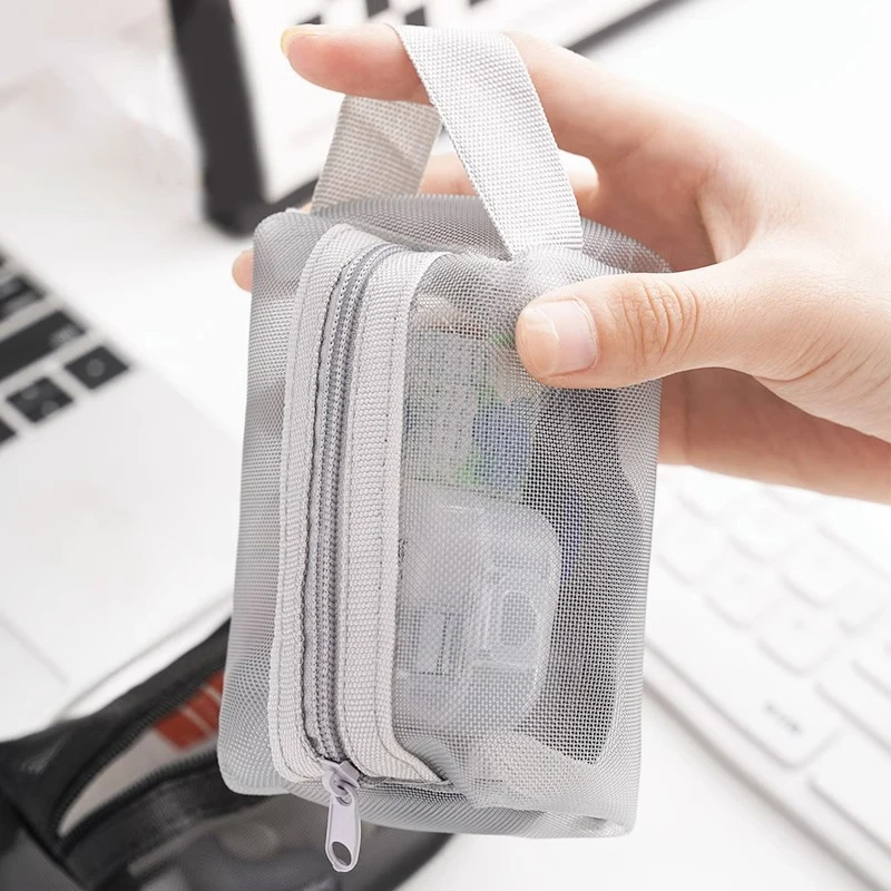 Фото Handheld Square Nylon Mesh Cosmetic Bag Mini Wash Bag Stationery Case Coin Purse Pouch Key Lipstick Earphone Organizer №3