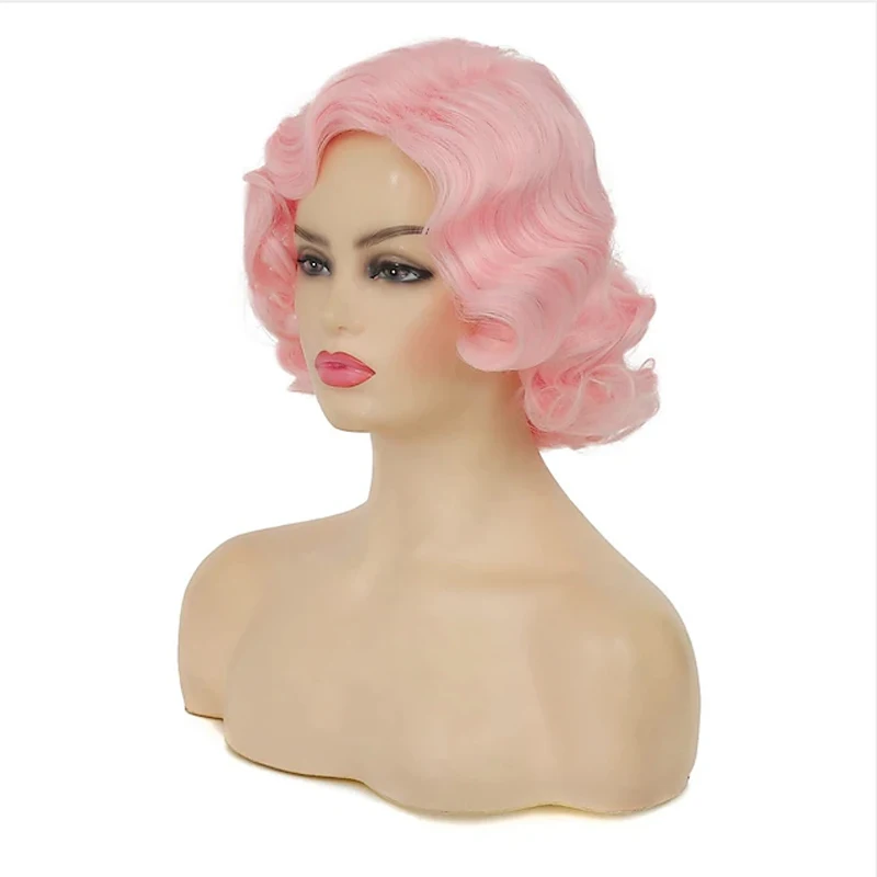 Фото HAIRJOY короткие кудрявые пальцы парики для женщин синтетический волнистый парик Розовый Косплей Хэллоуин Хлопушка винтажная искусственная кожа №3
