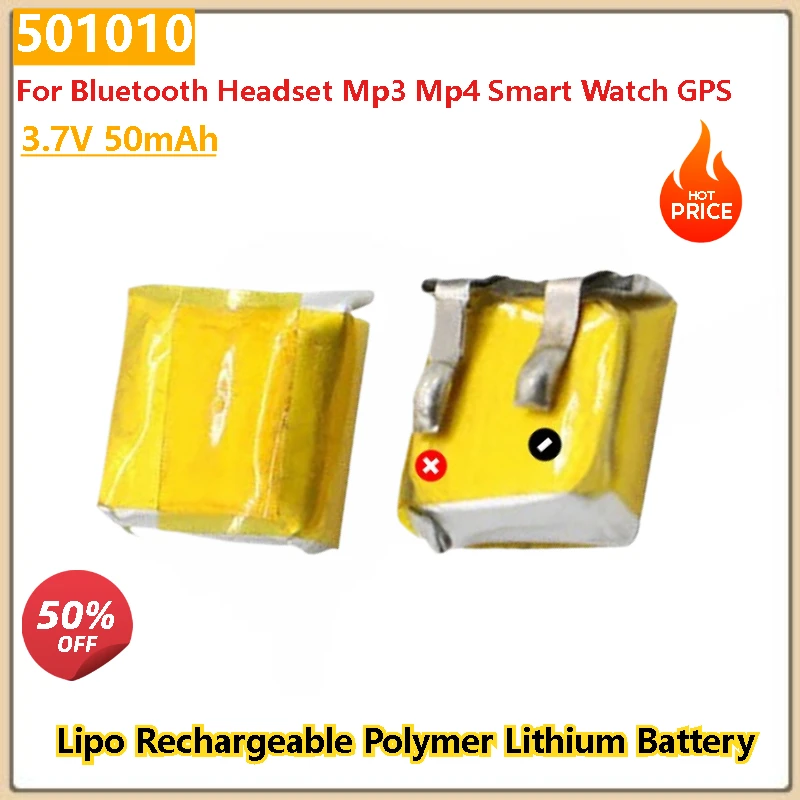 Аккумулятор 501010 для Bluetooth-гарнитуры Mp3 Mp4 Смарт-часы GPS Li Po Cell 3,7 В 50 мАч