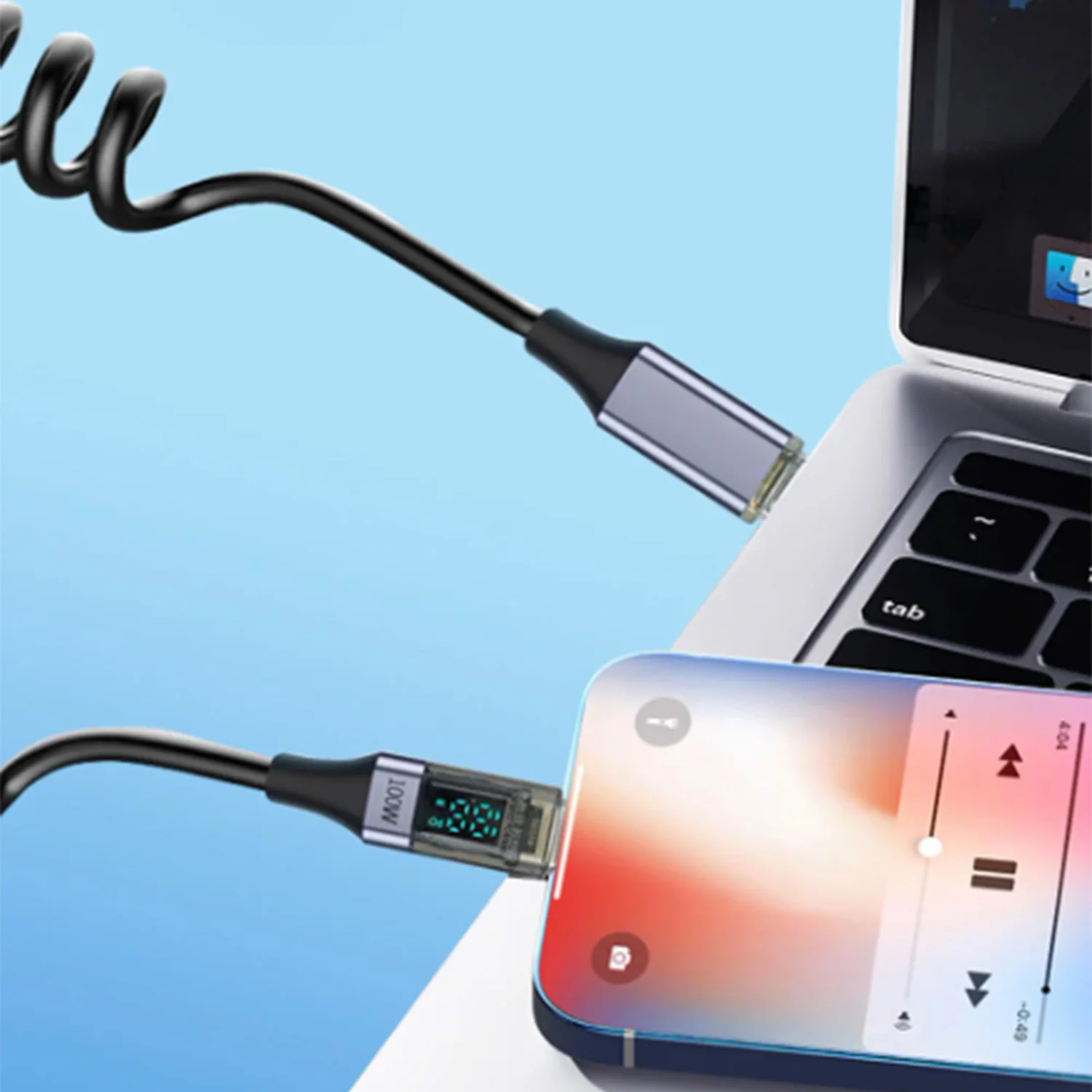 PD100W Пружинный USB-кабель для передачи данных типа C со светодиодным цифровым дисплеем, 5 А, тип-C, кабель для быстрой зарядки для iPhone 15 Pro Max iPad Samsung (art.: 3920cf97ee79a) - 3920cf97ee79a