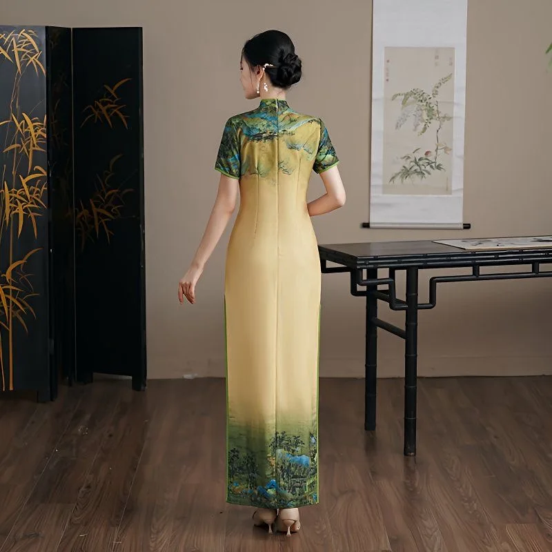 Фото Женское традиционное платье Cheongsam с коротким рукавом и винтажным принтом, вечернее платье для банкета и вечеринки, длинное платье Aodai №2