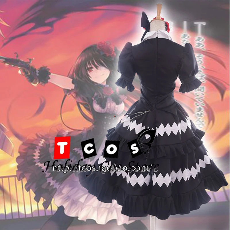 Фото Аниме Date A Live Kurumi Tokisaki, карнавальный костюм, платье Лолиты, головной убор с цветком, перчатки, повязка на глаз, женская одежда для Хэллоуина, парик №3