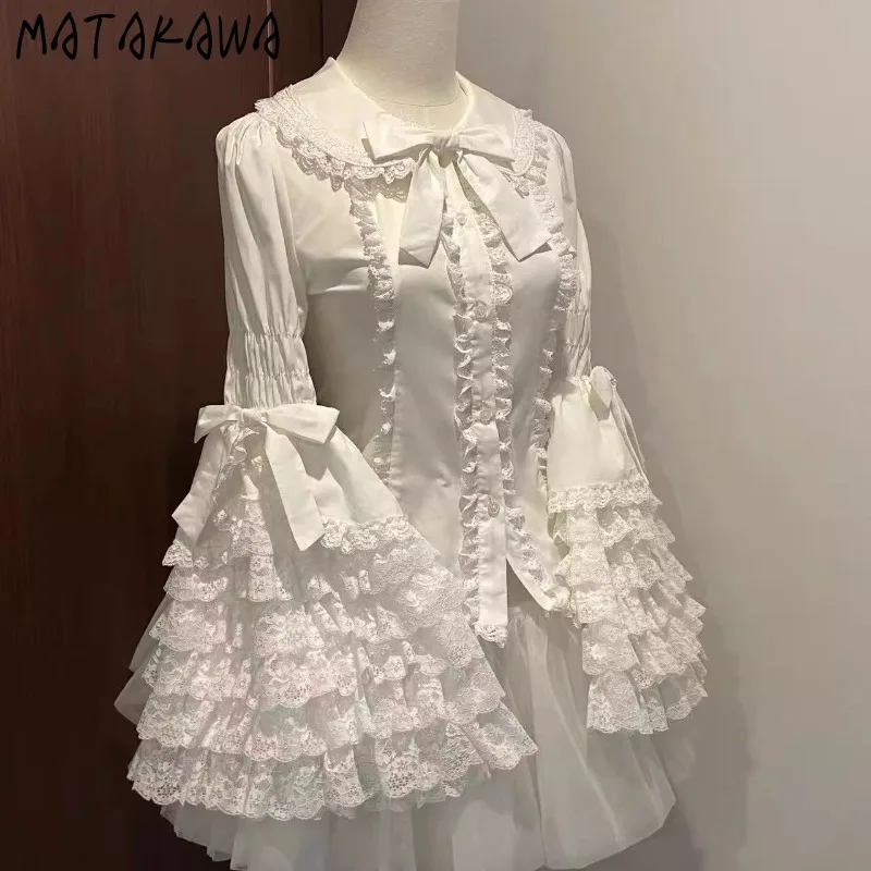 Matakawa Y2k, кружевные рубашки и блузки в японском стиле, женские топы в стиле Лолиты, винтажные Blusas Mujer, модные майки с оборками и милым бантом