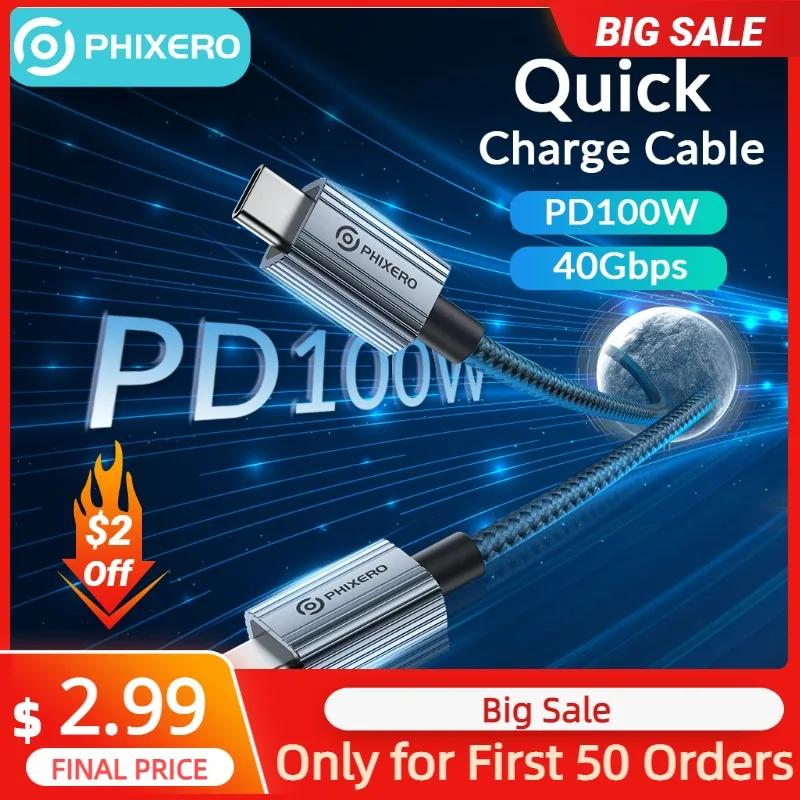 PHIXERO Быстрая зарядка 100 Вт USB Type C на USB C Кабель из цинкового сплава с чипом E-Marker Быстрая линия зарядки для ноутбука Macbook Phone