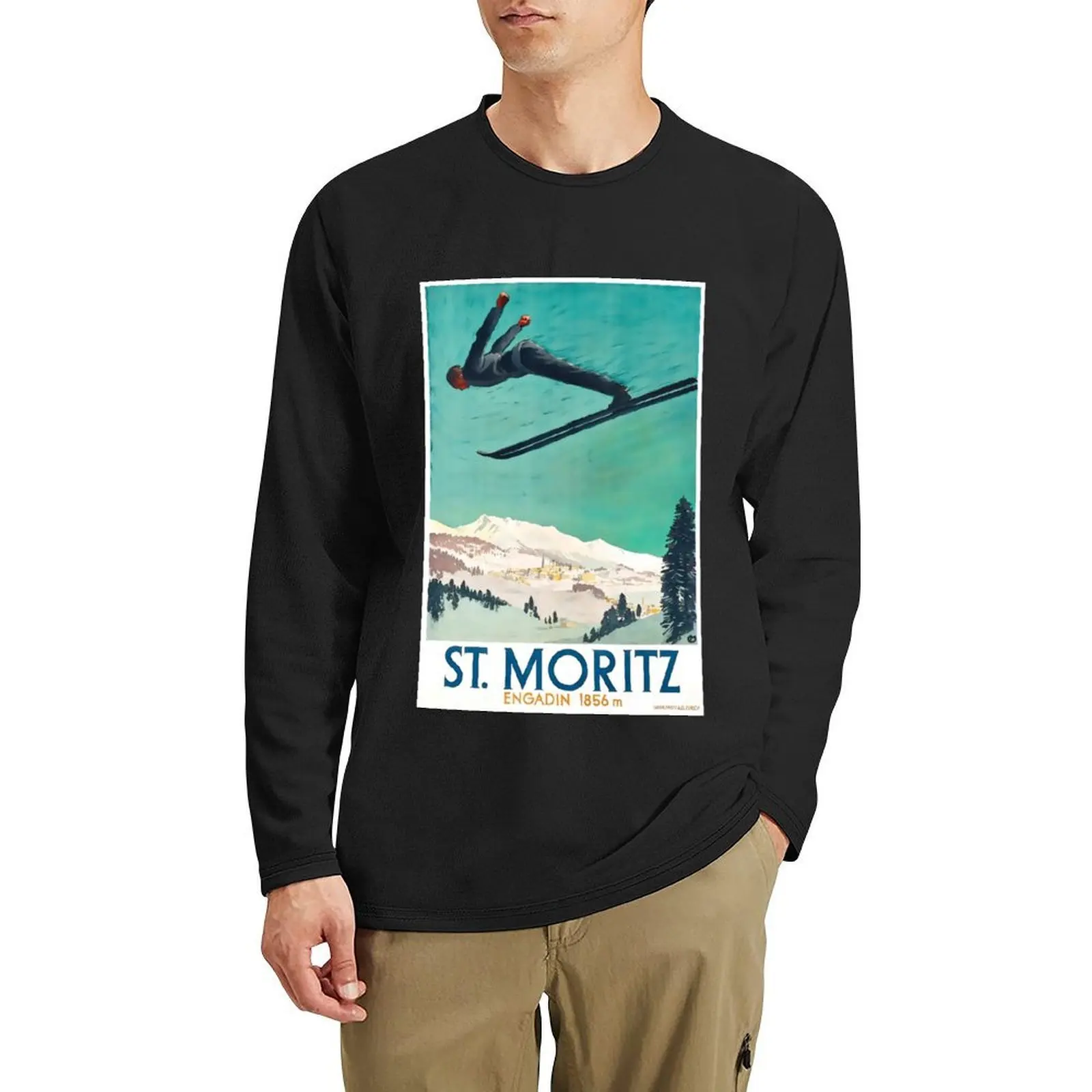Винтажный лыжный постер Saint Moritz, длинная футболка, одежда в стиле аниме, винтажная одежда, простая футболка, мужская футболка с рисунком