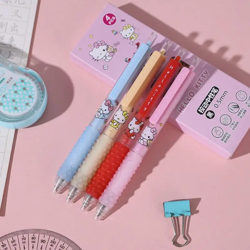 4 шт., милые гелевые ручки Sanrio Hello Kitty с героями мультфильмов, Kawaii Capybara, быстросохнущие гладкие ручки для письма, эстетические школьные канцелярские принадлежности, подарок