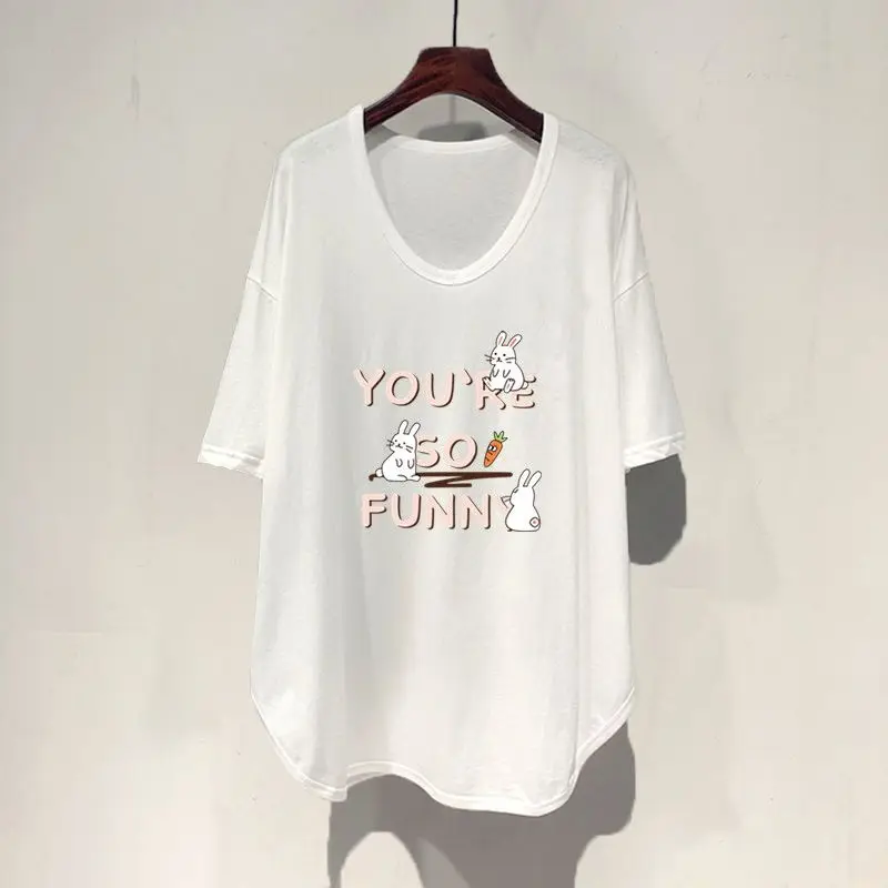 Фото Женская футболка размера плюс 5XL 150 кг с U-образным вырезом, топы с коротким рукавом и принтом кошки, летние милые модные повседневные футболки, уличные футболки №3