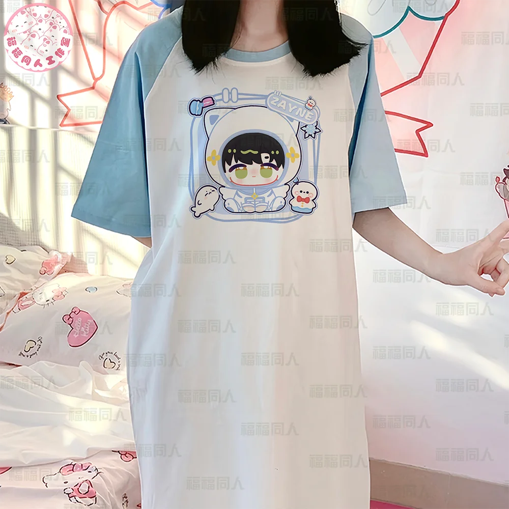 Фото Игра Love and Deepspace Caleb Sylus Rafayel Zayne Xavier Kawaii, хлопковое свободное платье с короткими рукавами для косплея, женская ночная рубашка №2