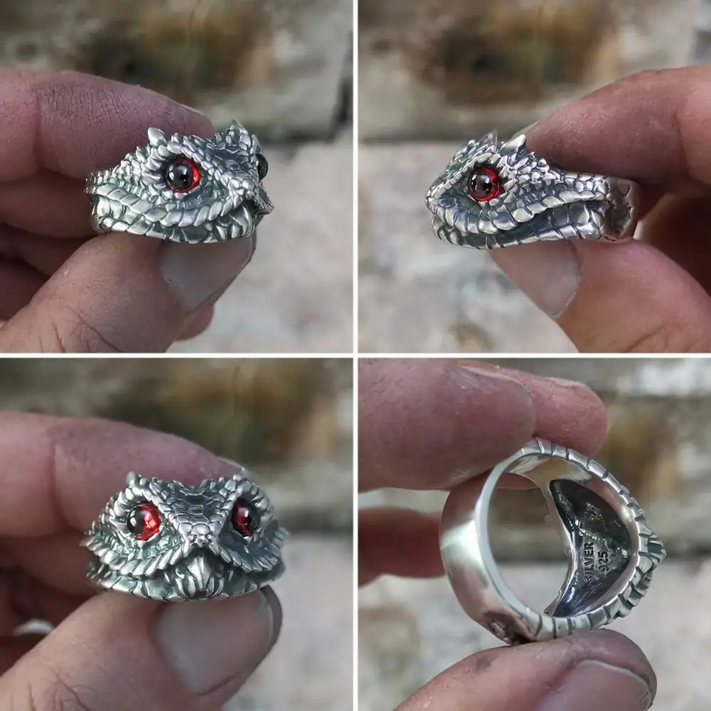 Фото Кольцо из стерлингового серебра 925 пробы с красными фианитами и глазами Adder Viper Snake Ring Байкерские украшения в стиле панк TA267, размер США от 7 до 15 №4