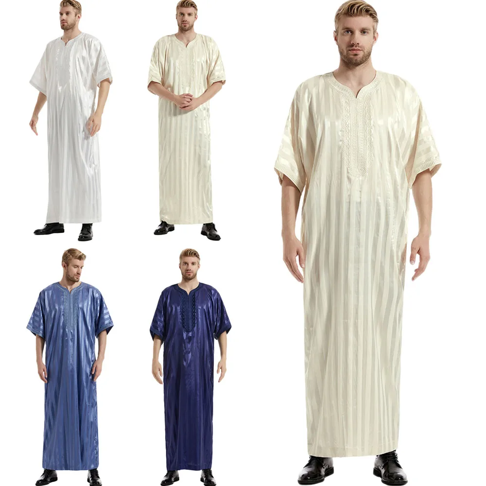 Мусульманская одежда в полоску Jubba Thobe, летняя одежда для посуды, Рамадан, Абая, Дубай, Турция, исламская одежда, мусульманский кафтан, кафтан, халат Jubah Мусульманская Мода
