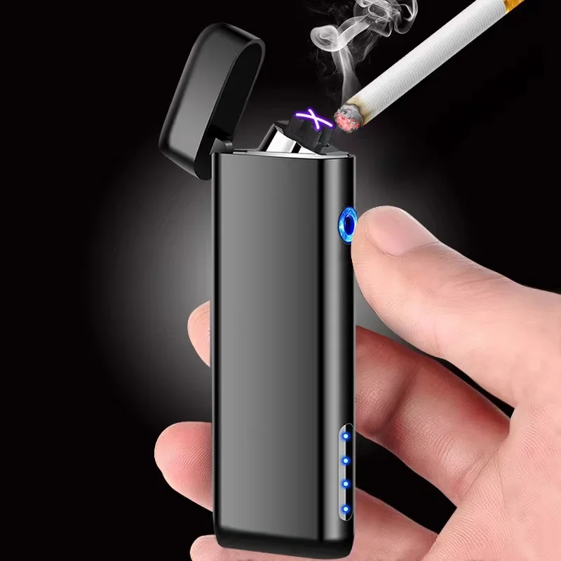 Фото Мини-хрестовая USB-зажигалка с двойной дугой, сенсорная портативная уличная ветрозащитная плазменная импульсная беспламенная металлическая зажигалка для мужчин и женщин, подарок №3