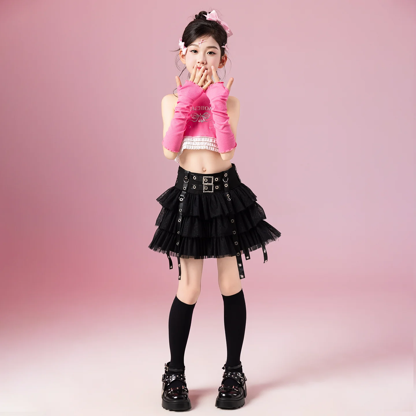 Фото Джазовый наряд для девочек Kpop Танцевальная сценическая одежда Модельный костюм для выступлений Розовая майка Черная юбка-тортик Детская одежда для джазовых танцев 3729 №4
