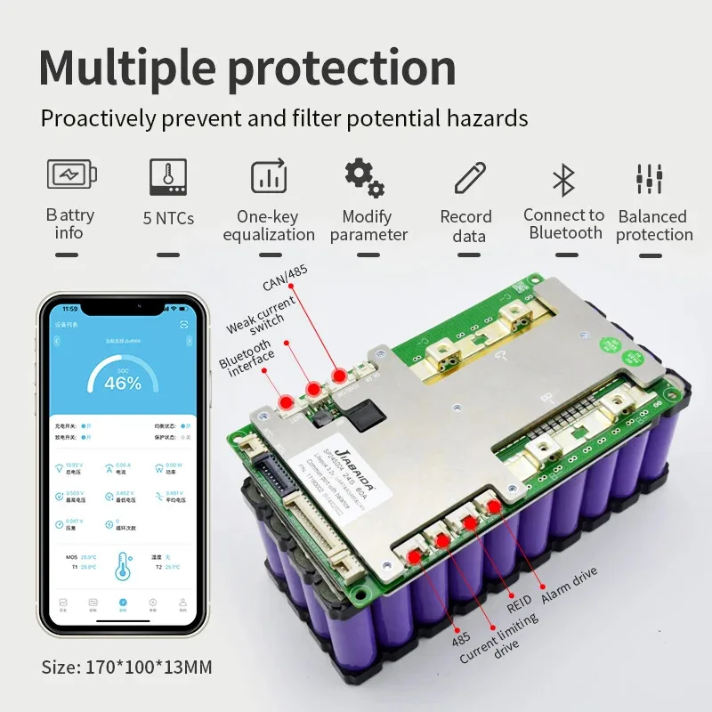 Фото JBD BMS LiFePo4 Li-ion 8S 10S 13S 14S 16S 20S 24S Литиевая батарея 40A-200A Зарядка BT UART RS485 CAN Баланс JIABAIDA Smart BMS №2