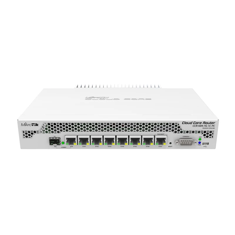 Mikrotik CCR1009-7G-1C-PC 7 гигабитных портов Ethernet, 1x комбинированный порт (SFP или Gigabit Ethernet), 9 ядер x 1 ГГц ЦП, 1 ГБ ОЗУ
