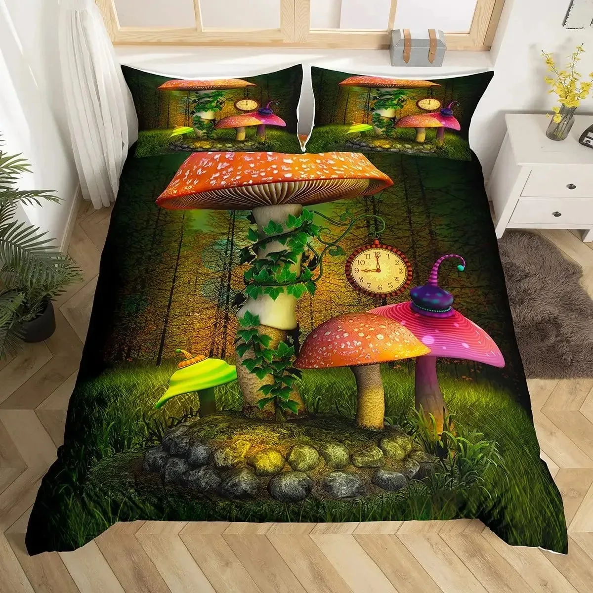 Фото M-Mushroom Fairy Forest пододеяльник Лилипутин мультфильм грибок растение комплект постельного белья фэнтезийный сад полиэстер пододеяльник 025 №3