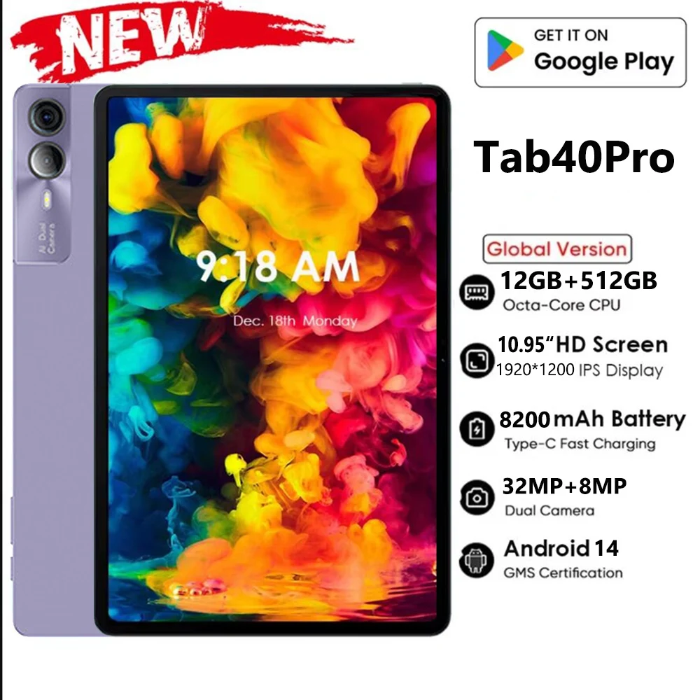Планшет Nenmone 2K, 10,95 дюйма, Android 14, 12 ГБ ОЗУ + 512 ГБ ПЗУ, 4G LTE, двойная SIM-карта + 5G Wi-Fi, 1920x1200 IPS, 32 МП/BT5/Type-C/GPS/8200 мАч