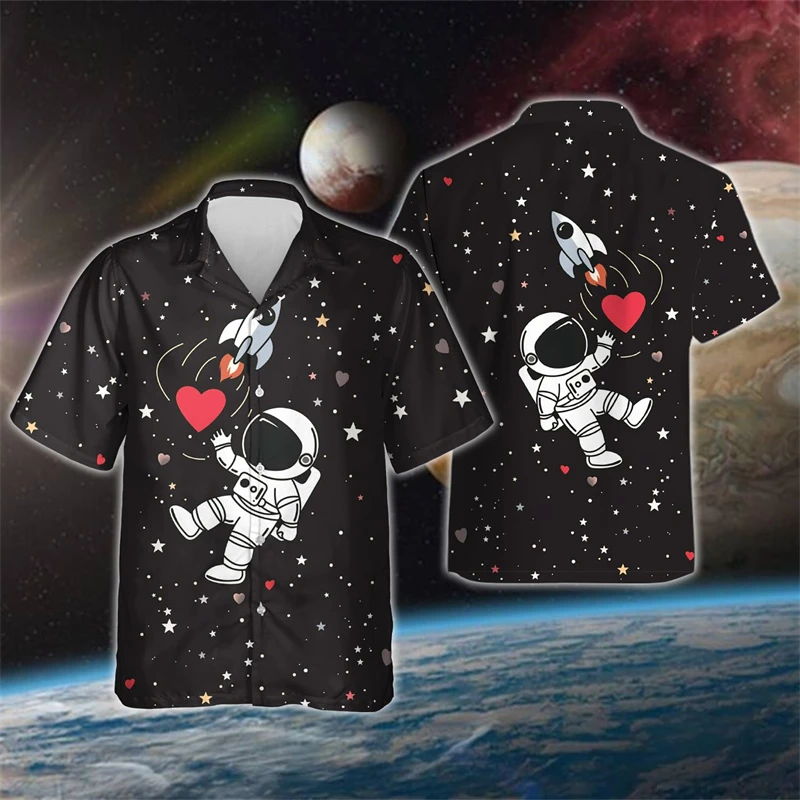 Фото Cartoon  Astronaut 3D Print Shirts For Men Clothes Hawaiian Beach Shirt Funny Cosmonaut Short Sleeve Boy Blouses Kids Lapel Tops №3