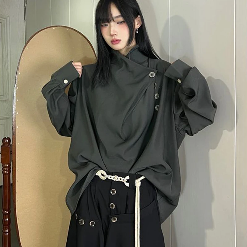 Фото Harajuku Y2K однотонная блузка женская с длинным рукавом свободная рубашка Yohji Yamamoto асимметричный Хэллоуин ленивый хип-хоп черный топ №5